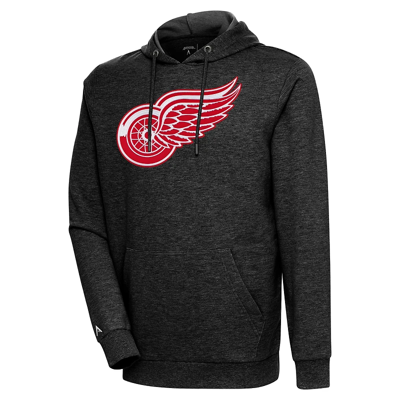 Men's Antigua Heather Black Detroit Red Wings Logo Action Chenille Pullover Hoodie