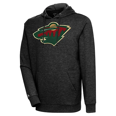 Men's Antigua Heather Black Minnesota Wild Logo Action Chenille Pullover Hoodie