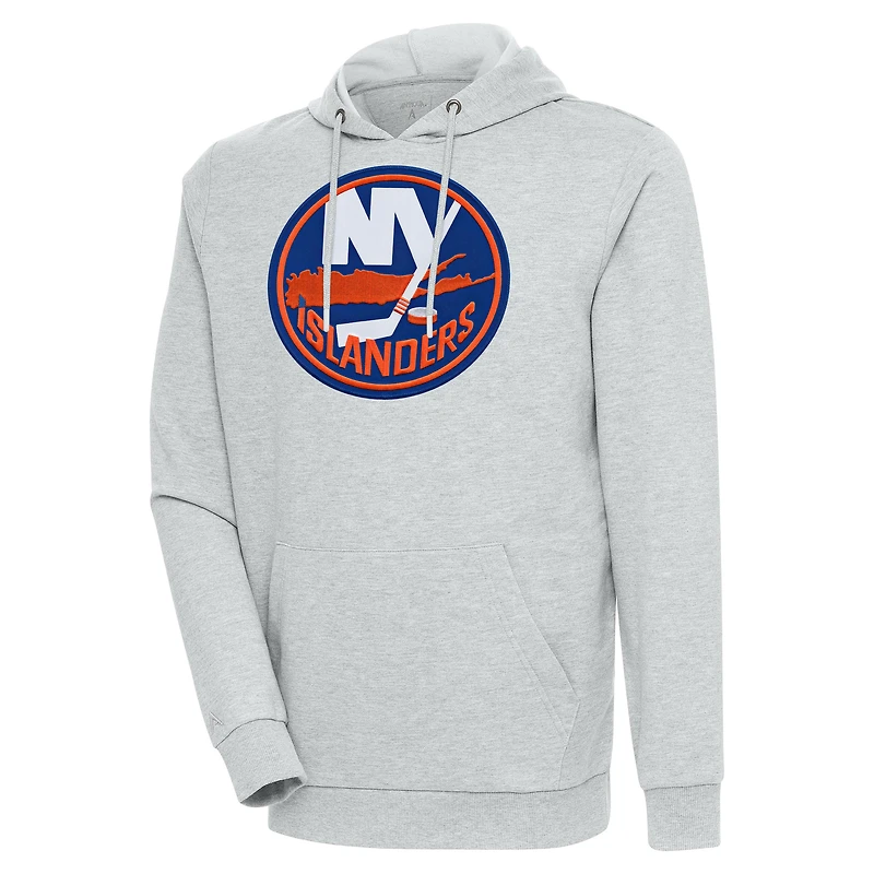 Men's Antigua Heather Gray New York Islanders Logo Action Chenille Pullover Hoodie