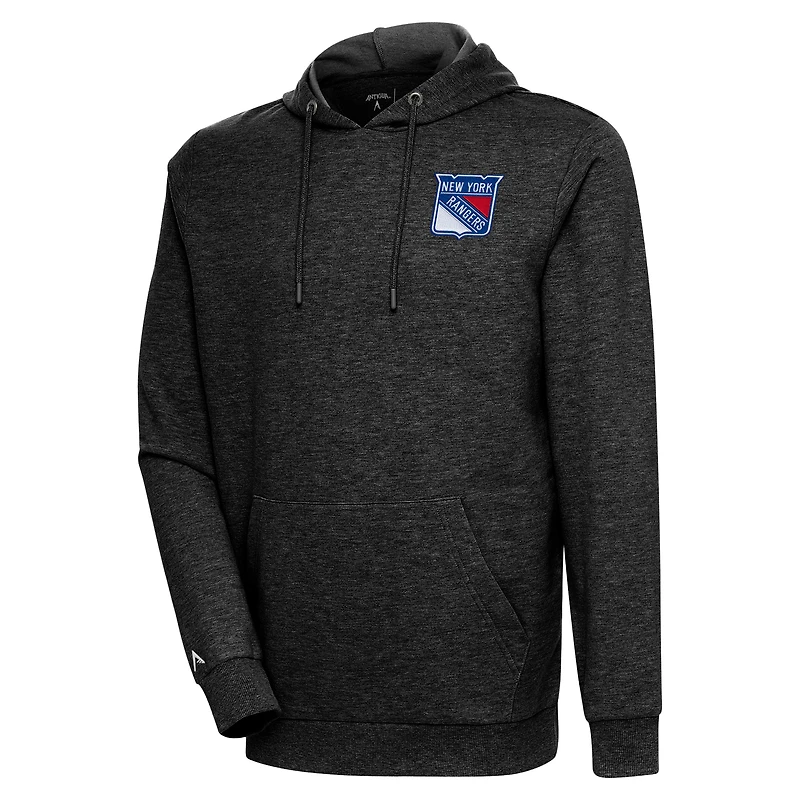 Men's Antigua Heather Black New York Rangers Action Chenille Pullover Hoodie