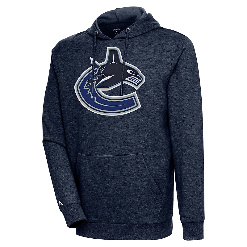 Men's Antigua Heather Navy Vancouver Canucks Logo Action Chenille Pullover Hoodie