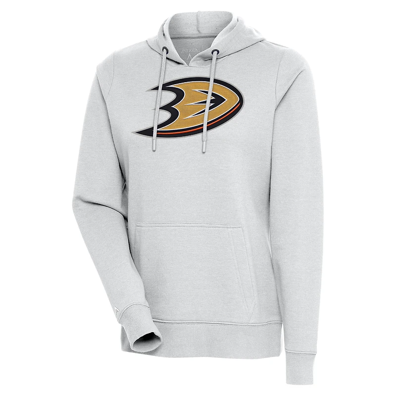 Women's Antigua Heather Gray Anaheim Ducks Logo Action Chenille Pullover Hoodie