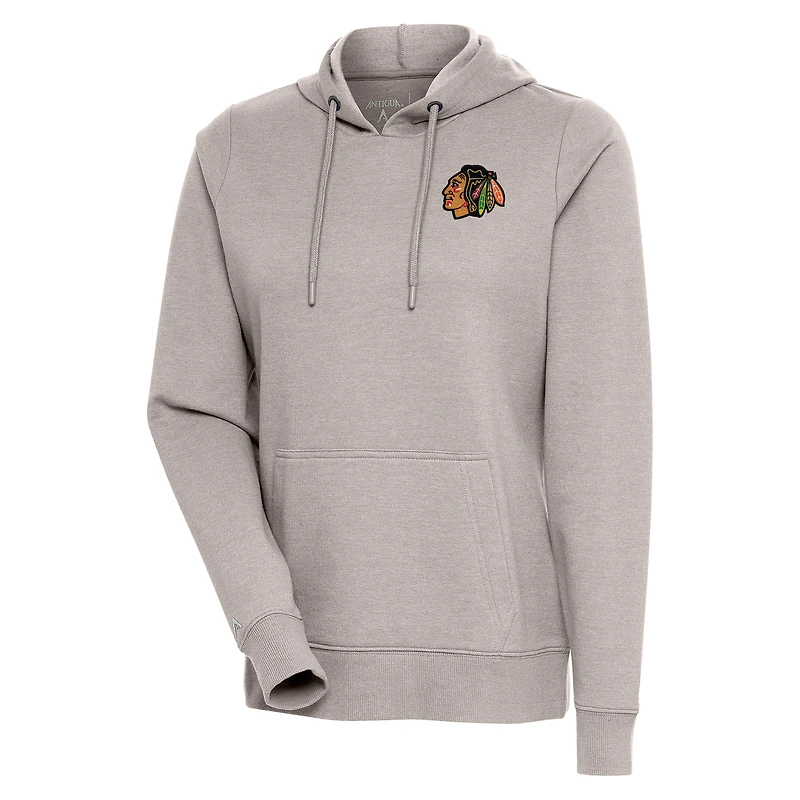 Women's Antigua Oatmeal Chicago Blackhawks Action Chenille Pullover Hoodie