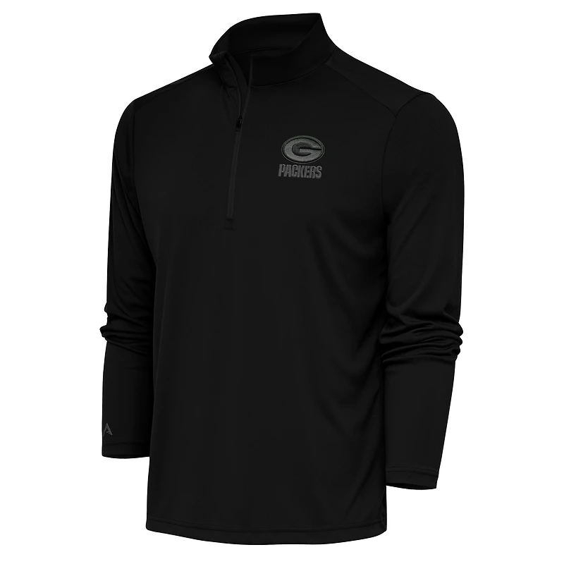 Men's Antigua Black Green Bay Packers Tonal Logo Tribute Quarter-Zip Pullover Top
