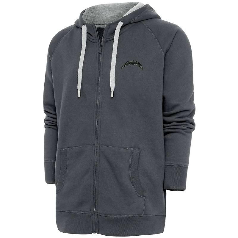 Men's Antigua Charcoal Los Angeles Chargers Tonal Logo Victory Full-Zip Hoodie