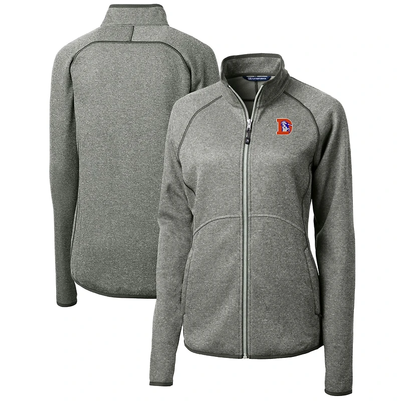 Women's Cutter & Buck Heather Gray Denver Broncos Throwback Logo Mainsail Sweater Knit Fleece Full-Zip Jacket