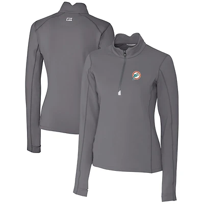Women's Cutter & Buck Steel Miami Dolphins Throwback Logo Traverse Stretch Quarter-Zip Pullover Top