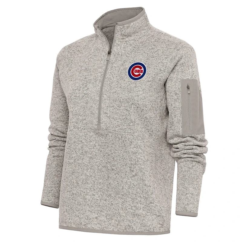 Women's Antigua Oatmeal Chicago Cubs Logo Fortune Quarter-Zip Pullover Jacket