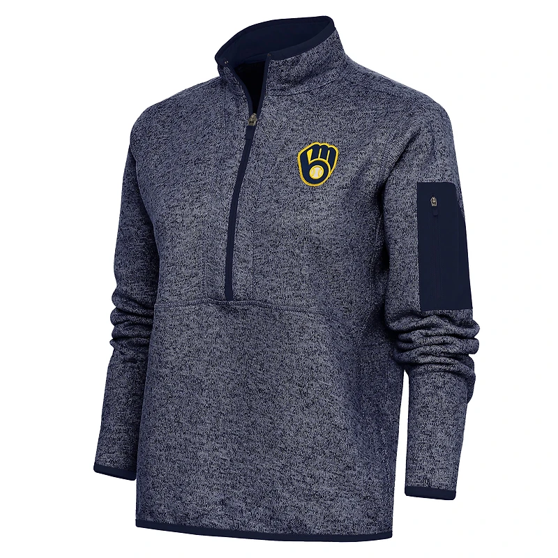 Women's Antigua Heather Navy Milwaukee Brewers Logo Fortune Quarter-Zip Pullover Jacket
