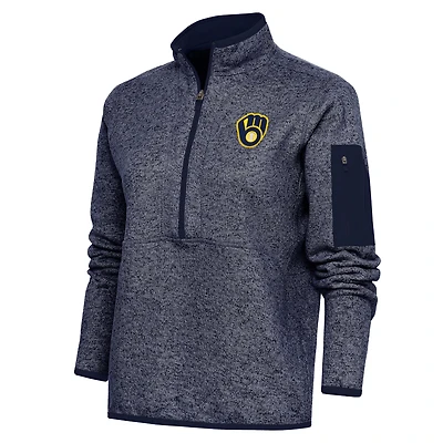 Women's Antigua Heather Navy Milwaukee Brewers Logo Fortune Quarter-Zip Pullover Jacket