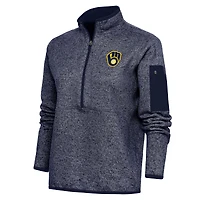 Women's Antigua Heather Navy Milwaukee Brewers Logo Fortune Quarter-Zip Pullover Jacket