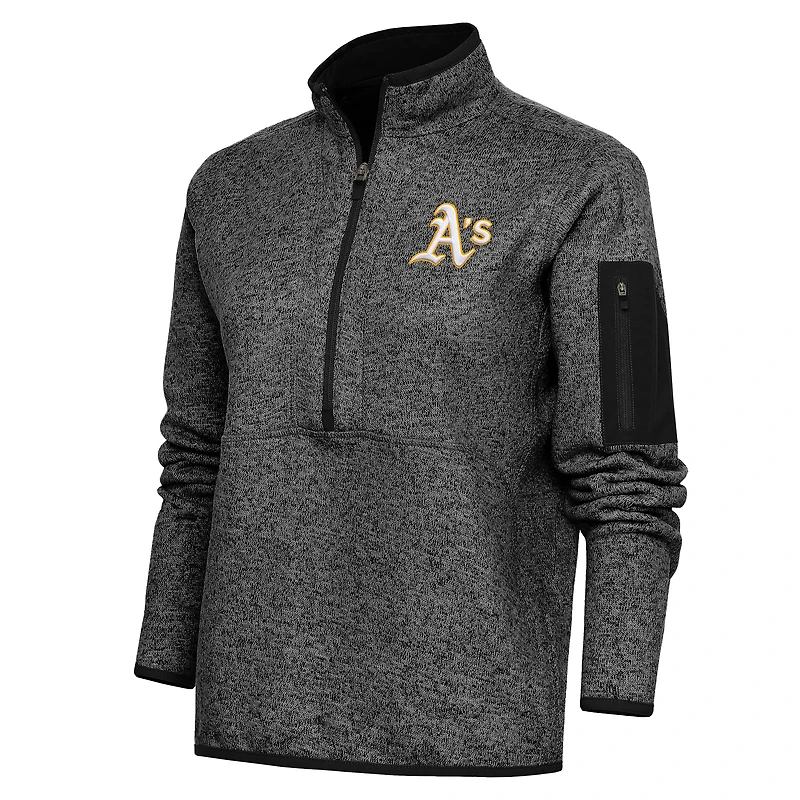 Women's Antigua Heather Black Athletics Logo Fortune Quarter-Zip Pullover Jacket