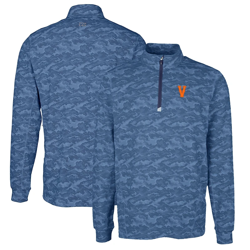 Men's Cutter & Buck Navy Virginia Cavaliers Vintage Vault Big & Tall Traverse Camo Print Stretch Quarter-Zip Pullover Top
