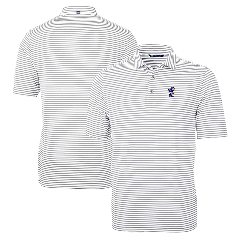 Men's Cutter & Buck Gray Kansas Jayhawks Big & Tall Team Logo Virtue Eco Pique Stripe Recycled Polo