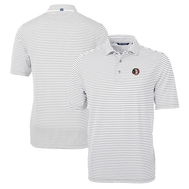 Men's Cutter & Buck Gray Florida State Seminoles Big & Tall Team Logo Virtue Eco Pique Stripe Recycled Polo