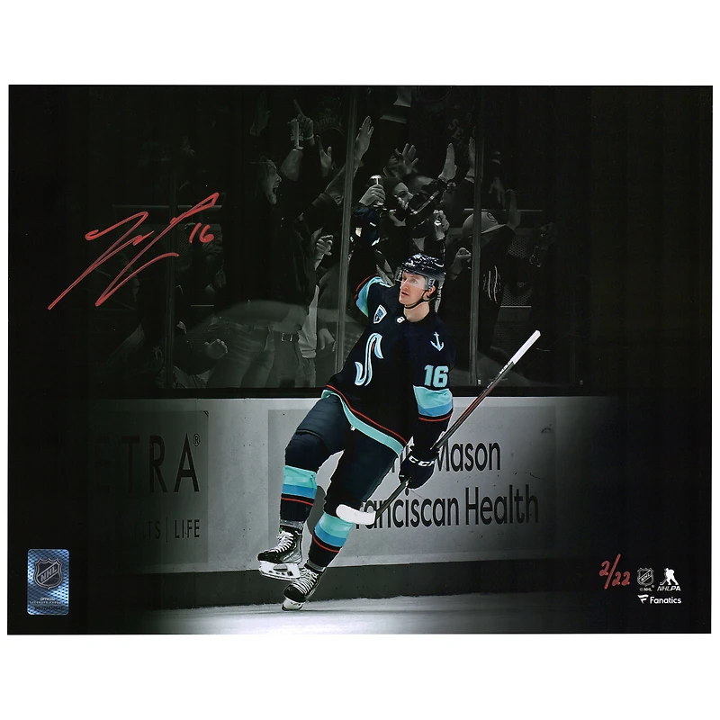 Jared McCann Seattle Kraken Autographed 11" x 14" Deep Sea Blue Jersey Celebration Spotlight Photograph - Limited Edition of 22