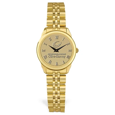 Women's Gold Olive-Harvey College Purple Panthers Medallion Rolled Link Bracelet Wristwatch