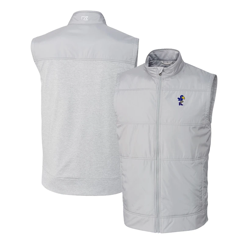 Men's Cutter & Buck Gray Kansas Jayhawks Vault Stealth Hybrid Quilted Full-Zip Windbreaker Vest