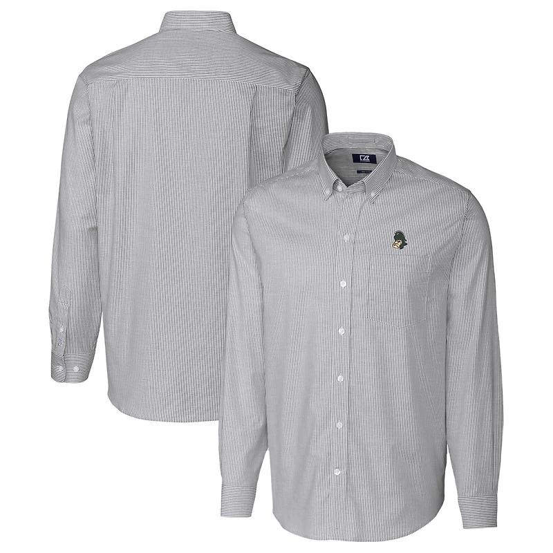 Men's Cutter & Buck Charcoal Michigan State Spartans Vault Stretch Oxford Stripe Long Sleeve Button-Down Shirt