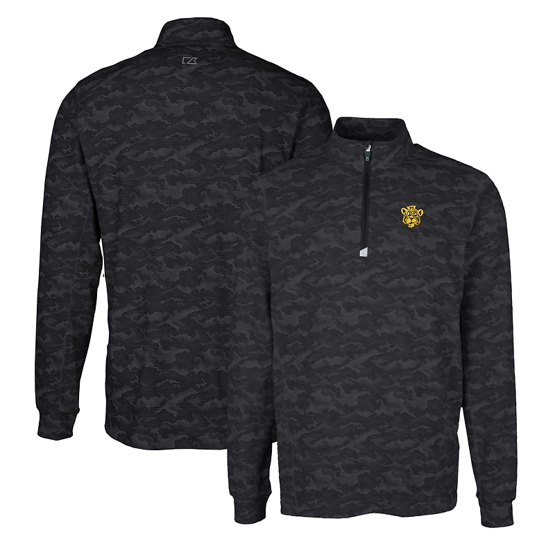 Men's Cutter & Buck Black Missouri Tigers Vault Traverse Camo Print Stretch Quarter-Zip Pullover Top