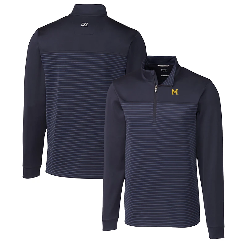 Men's Cutter & Buck Navy Michigan Wolverines Traverse Stripe Quarter-Zip Pullover Top