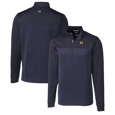 Men's Cutter & Buck Navy Michigan Wolverines Traverse Stripe Quarter-Zip Pullover Top