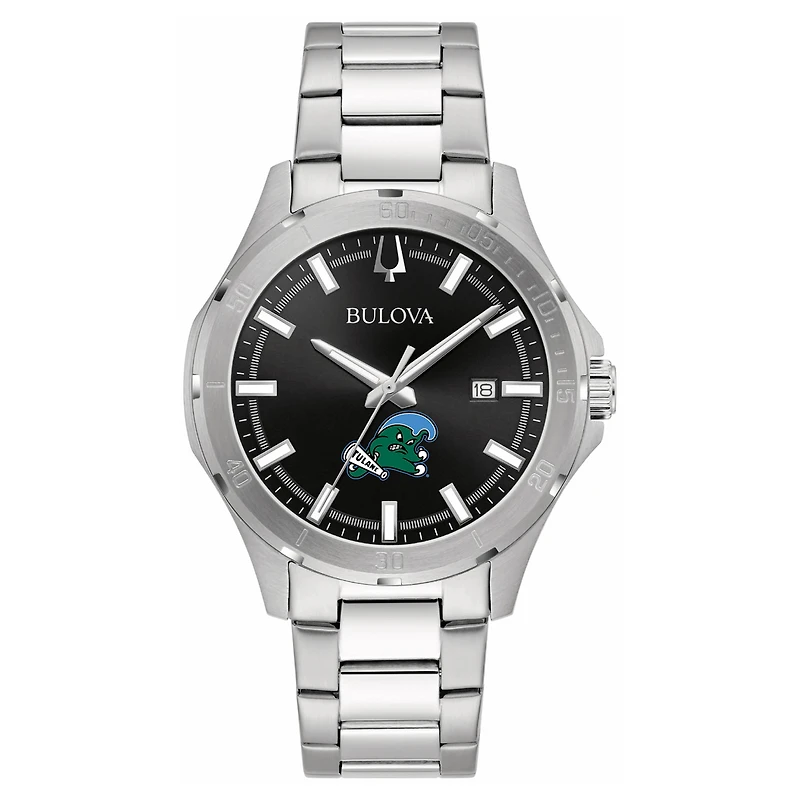 Men's Bulova Black Tulane Green Wave Stainless Steel Classic Sport Watch