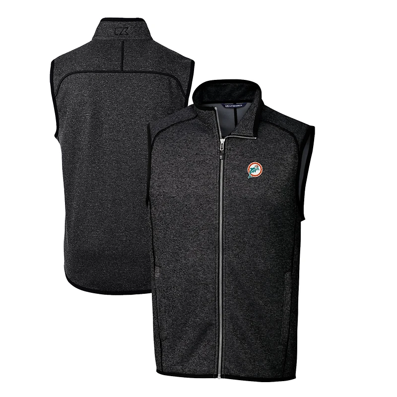 Men's Cutter & Buck Heather Charcoal Miami Dolphins Throwback Logo Mainsail Sweater-Knit Big & Tall Full-Zip Vest