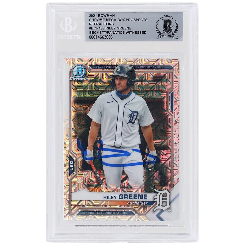 Riley Greene Detroit Tigers Autographed 2021 Bowman Chrome Prospects Mega Box Refractors #BCP-188 Beckett Fanatics Witnessed Authenticated Card