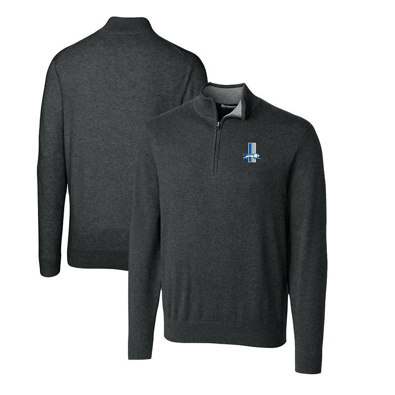 Men's Cutter & Buck Heather Charcoal Detroit Lions Throwback Logo Lakemont Tri-Blend Quarter-Zip Pullover Sweater