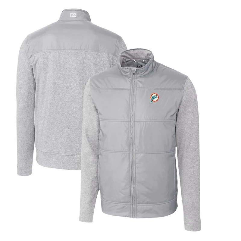 Men's Cutter & Buck Gray Miami Dolphins Throwback Logo Stealth Hybrid Quilted Full-Zip Windbreaker Jacket
