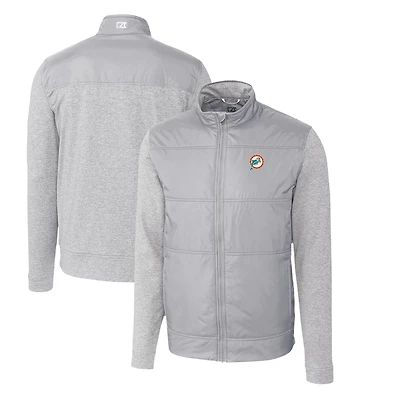 Men's Cutter & Buck Gray Miami Dolphins Throwback Logo Stealth Hybrid Quilted Full-Zip Windbreaker Jacket