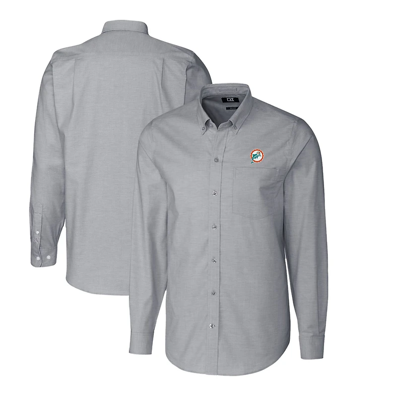 Men's Cutter & Buck Charcoal Miami Dolphins Throwback Logo Long Sleeve Stretch Oxford Button-Down Shirt