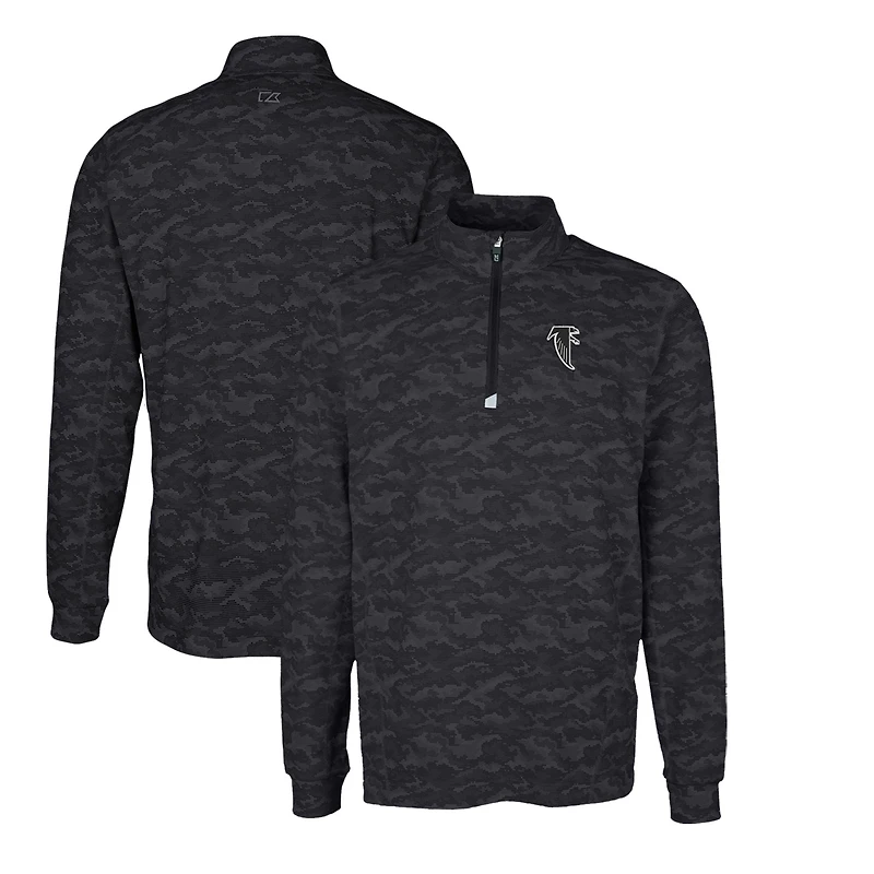 Men's Cutter & Buck Black Atlanta Falcons Throwback Logo Traverse Camo Print Stretch Quarter-Zip Pullover Top
