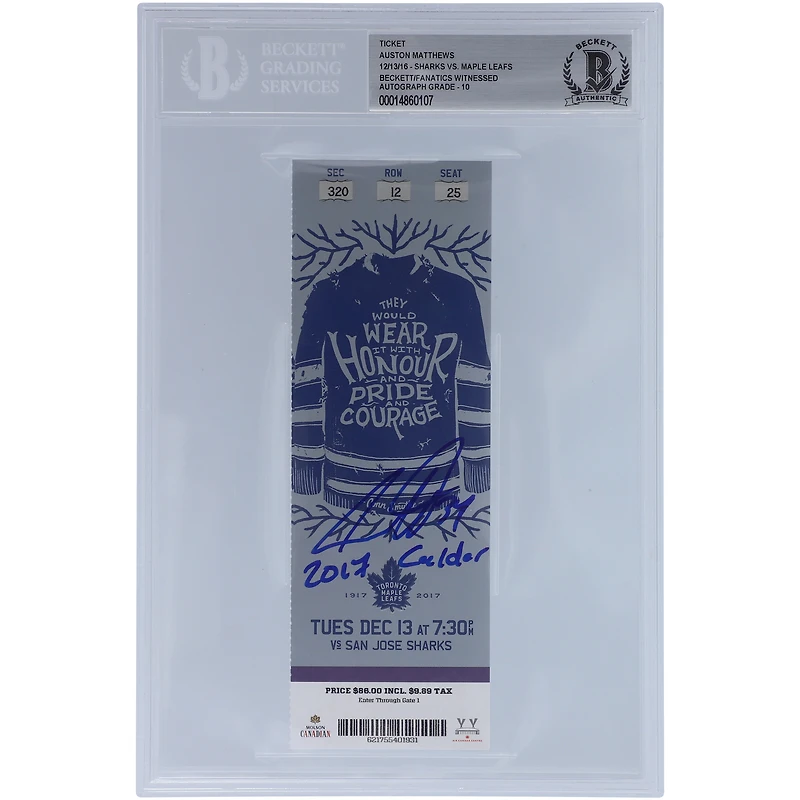 Auston Matthews Toronto Maple Leafs Autographed Ticket from December 2016 with "2017 Calder" Inscription