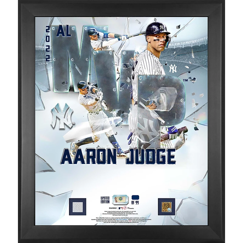 Aaron Judge New York Yankees 2022 AL MVP Framed 20'' x 24'' Collage with Pieces of Game-Used Dirt Baseball and Base - Limited Edition of 999