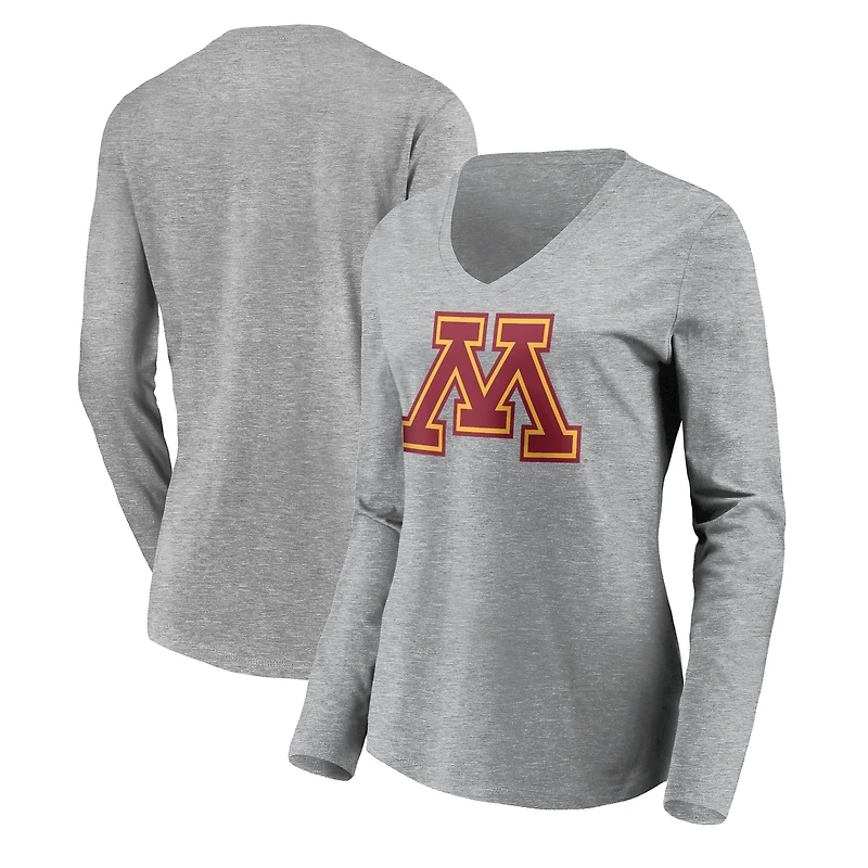 Women's Gray Minnesota Golden Gophers Team Logo Long Sleeve V-Neck T-Shirt