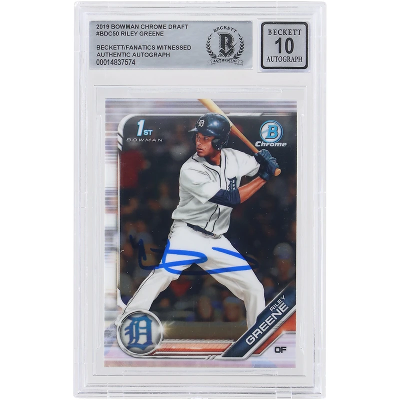 Riley Greene Detroit Tigers Autographed 2019 Bowman Draft Chrome MLB 1st Bowman #BDC-50 Beckett Fanatics Witnessed Authenticated 10 Card