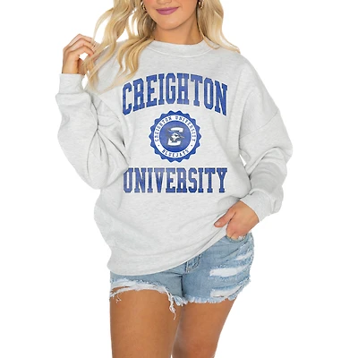 Women's Gameday Couture Steel Creighton Bluejays Oversized Good Vibes Premium Fleece Drop Shoulder Pullover Sweatshirt