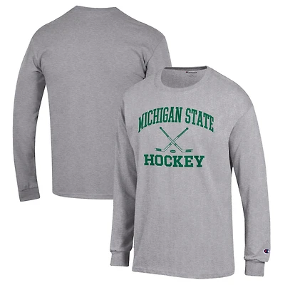 Men's Champion Heather Gray Michigan State Spartans Hockey Icon Powerblend Long Sleeve T-Shirt