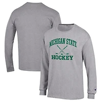 Men's Champion Heather Gray Michigan State Spartans Hockey Icon Powerblend Long Sleeve T-Shirt