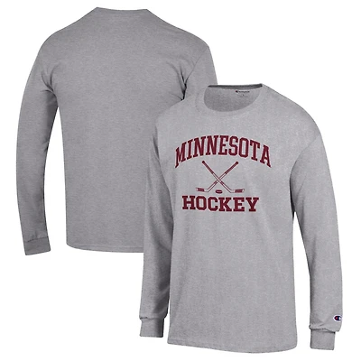 Men's Champion Heather Gray Minnesota Golden Gophers Hockey Icon Powerblend Long Sleeve T-Shirt