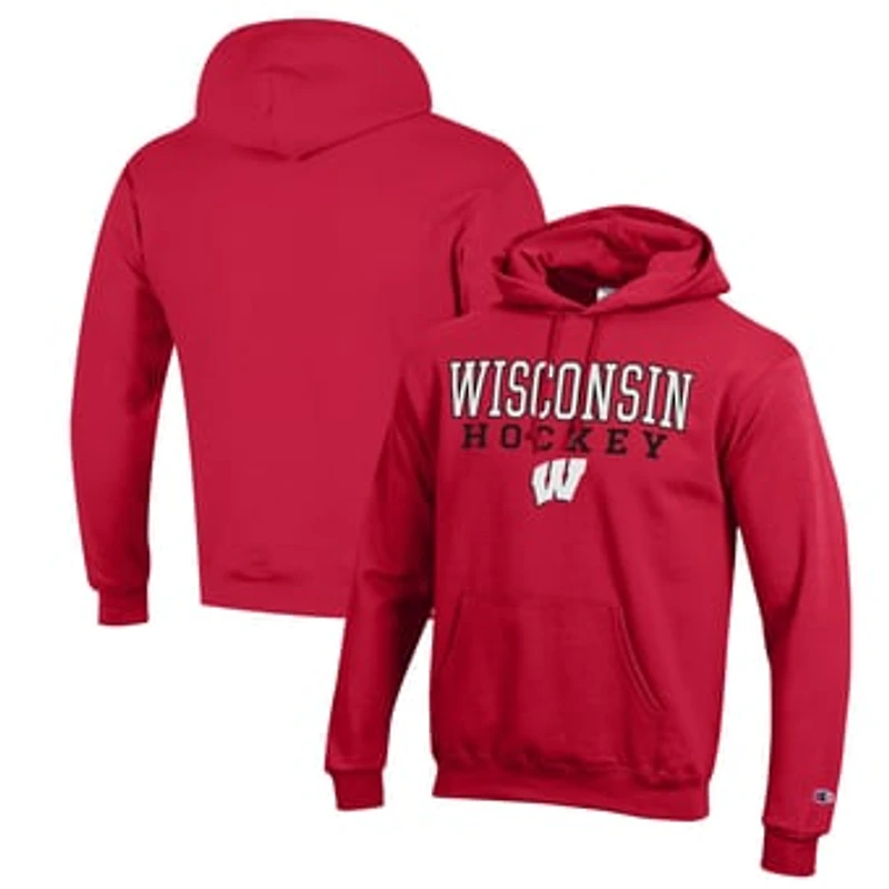 Men's Champion Red Wisconsin Badgers Stack Logo Hockey Powerblend Pullover Hoodie