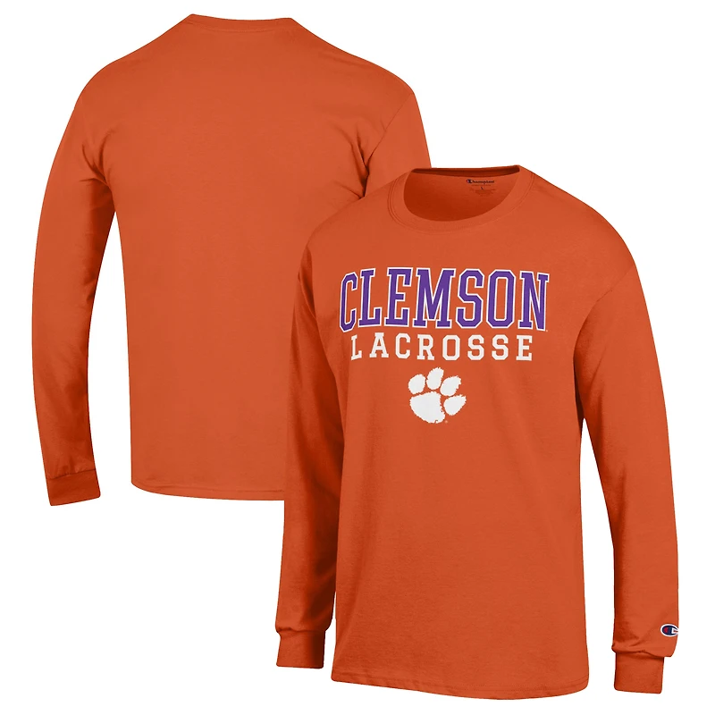 Men's Champion Orange Clemson Tigers Stack Logo Lacrosse Powerblend Long Sleeve T-Shirt