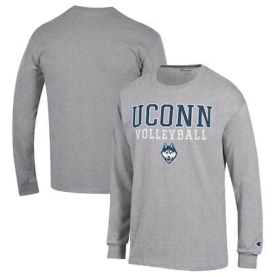 Men's Champion Heather Gray UConn Huskies Stack Logo Volleyball Powerblend Long Sleeve T-Shirt