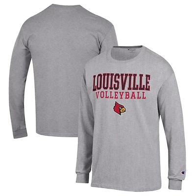 Men's Champion Heather Gray Louisville Cardinals Stack Logo Volleyball Powerblend Long Sleeve T-Shirt