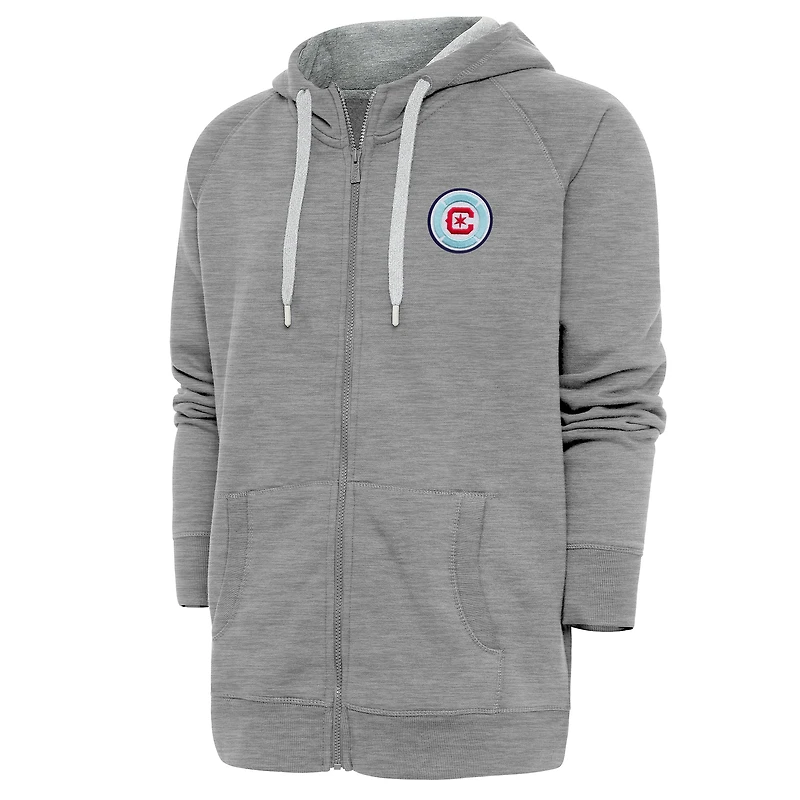 Men's Antigua Heather Gray Chicago Fire Logo Victory Full-Zip Hoodie