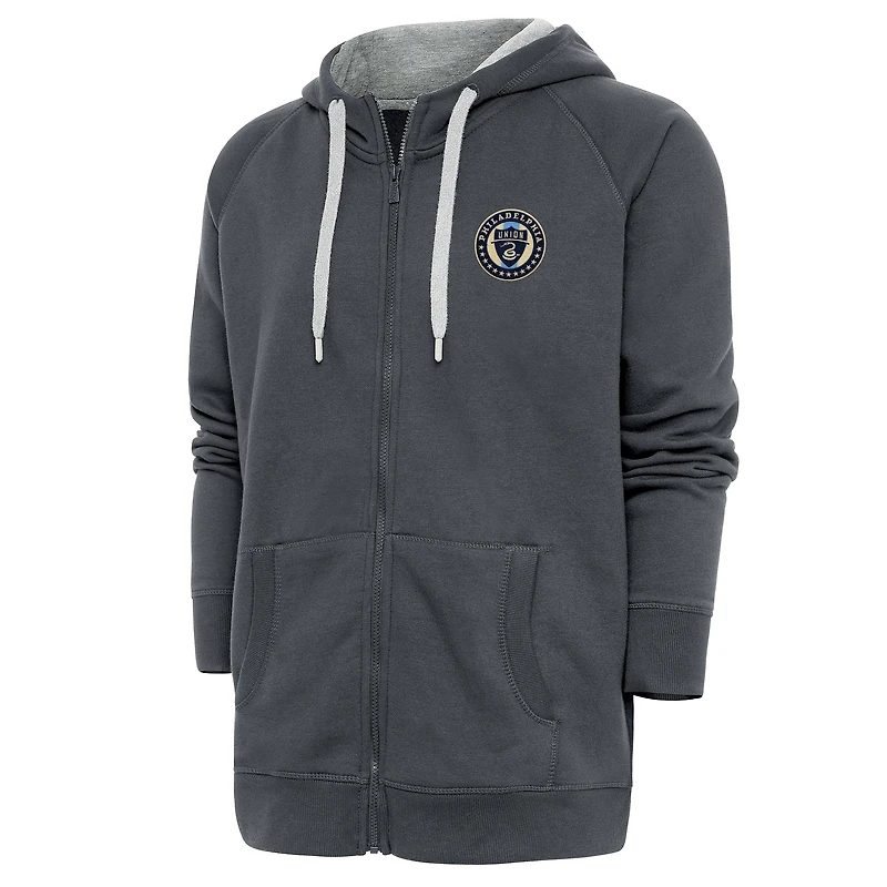 Men's Antigua Charcoal Philadelphia Union Logo Victory Full-Zip Hoodie