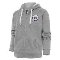 Women's Antigua Heather Gray Chicago Fire Logo Victory Full-Zip Hoodie