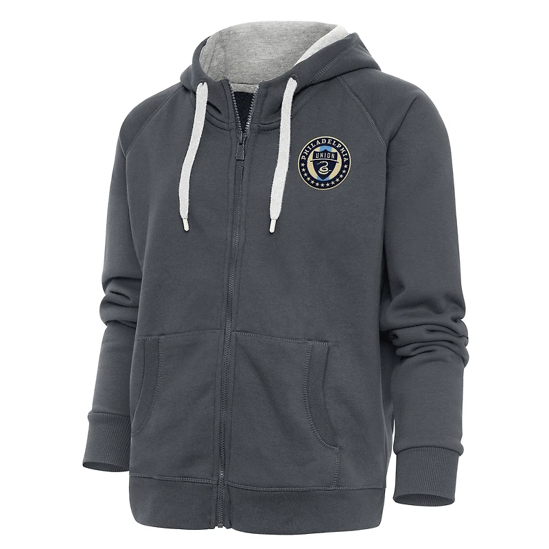 Women's Antigua Charcoal Philadelphia Union Logo Victory Full-Zip Hoodie